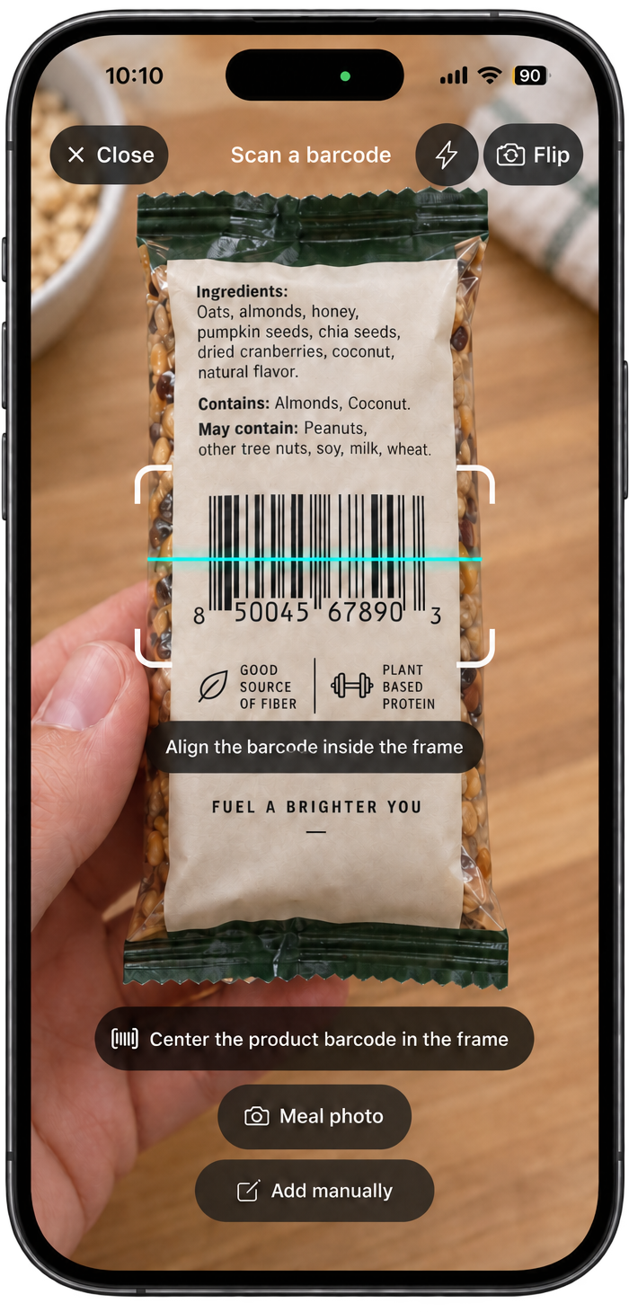 GymTribe barcode scanner identifying a packaged food