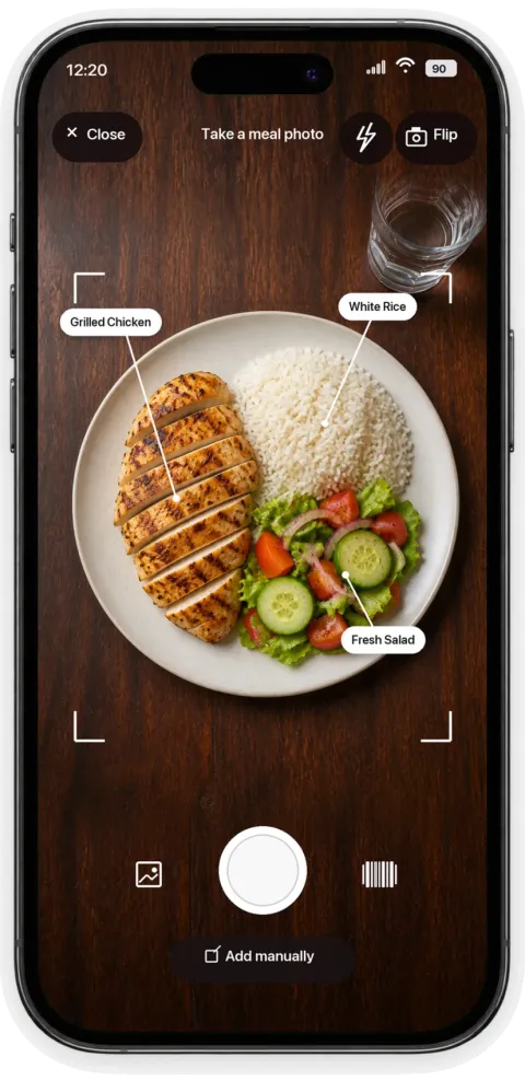 GymTribe camera screen identifying grilled chicken, white rice and fresh salad