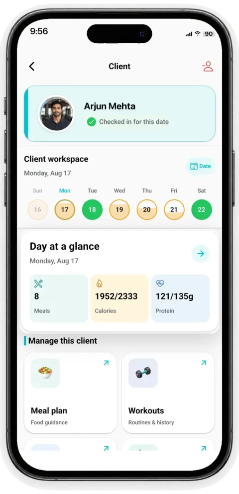GymTribe trainer client overview with meal totals, targets and plans